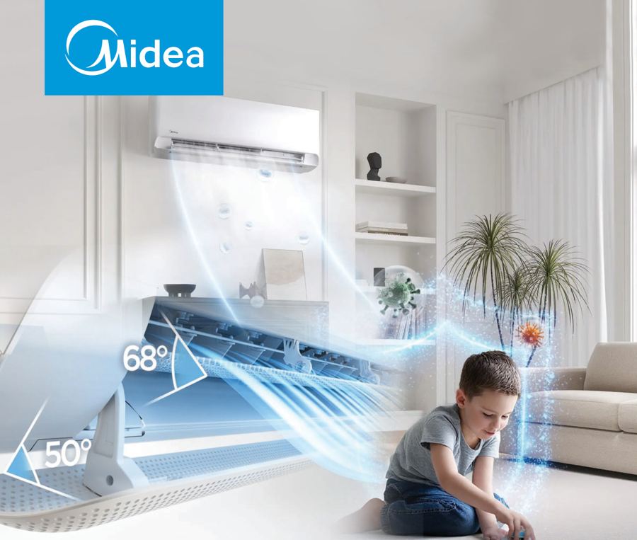 Midea Breezeless E aircon spreading air softly across a lounge