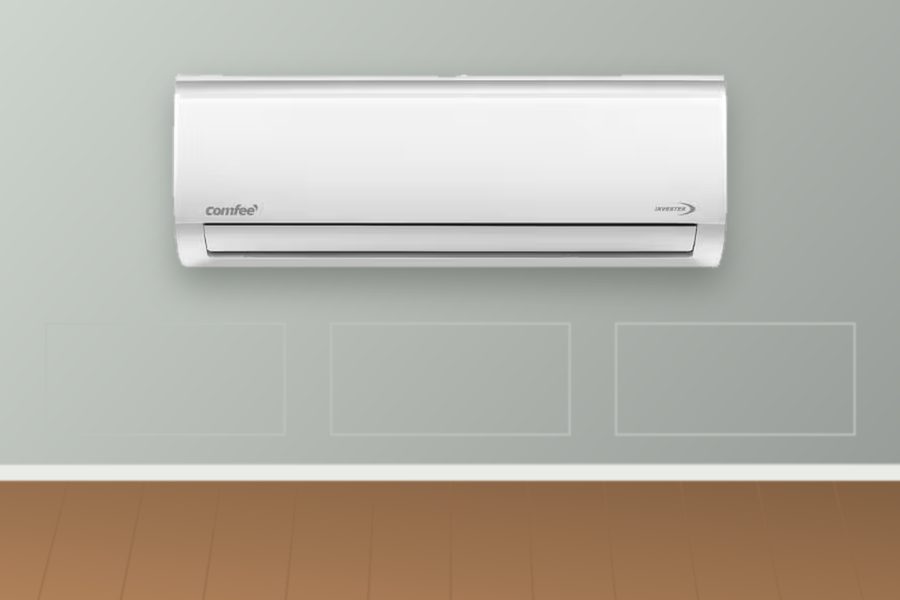 Comfee Inverter wall-mounted split aircon on a lounge wall