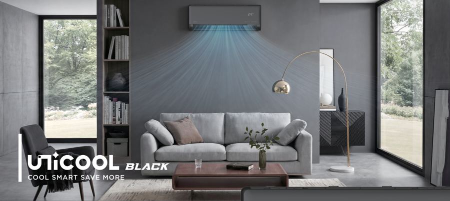 Midea Unicool Black matte black aircon in a modern lounge